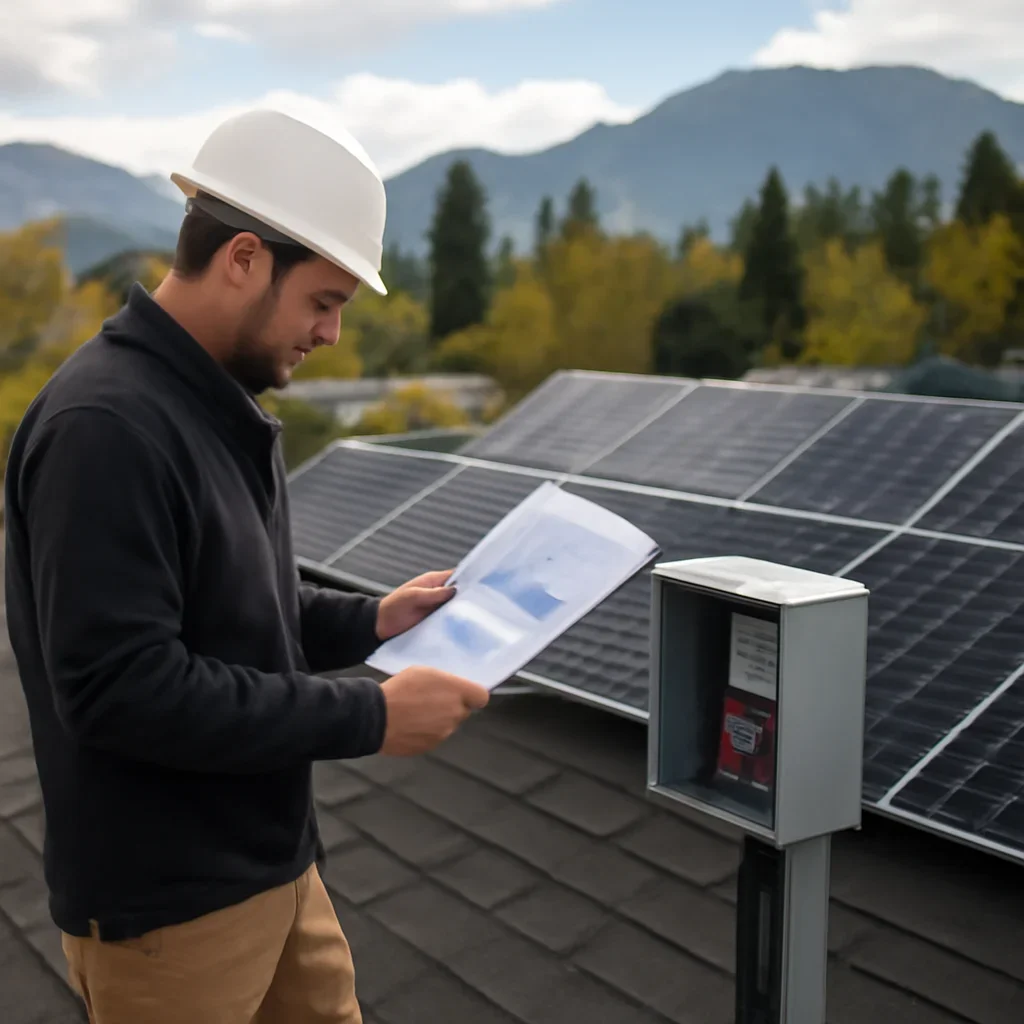 Installer reviewing electrical and roof details for a BC solar system