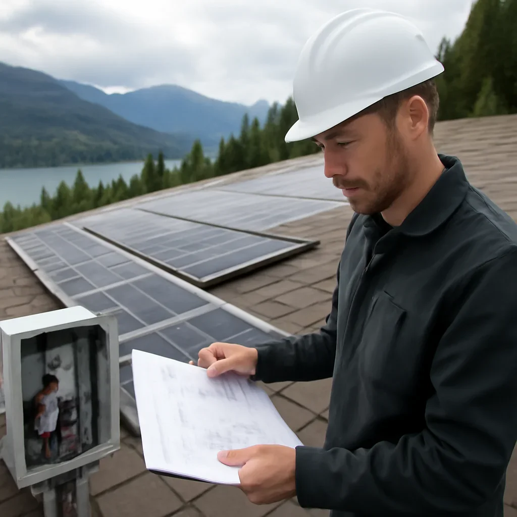 Installer reviewing electrical and roof details for a BC solar system