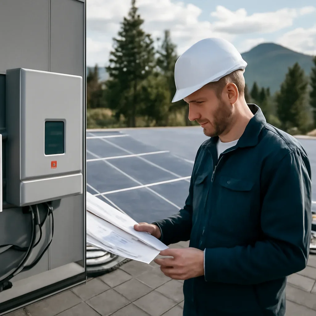 Installer reviewing electrical and roof details for a BC solar system