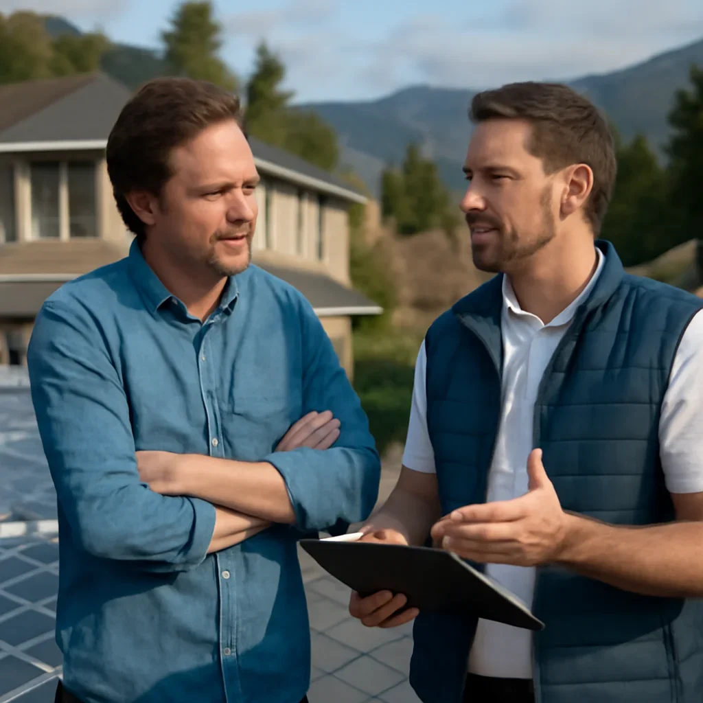 Homeowner and solar advisor discussing next steps for a solar installation