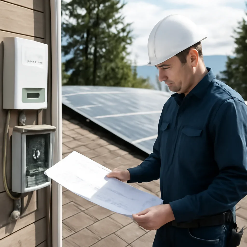 Installer reviewing electrical and roof details for a BC solar system