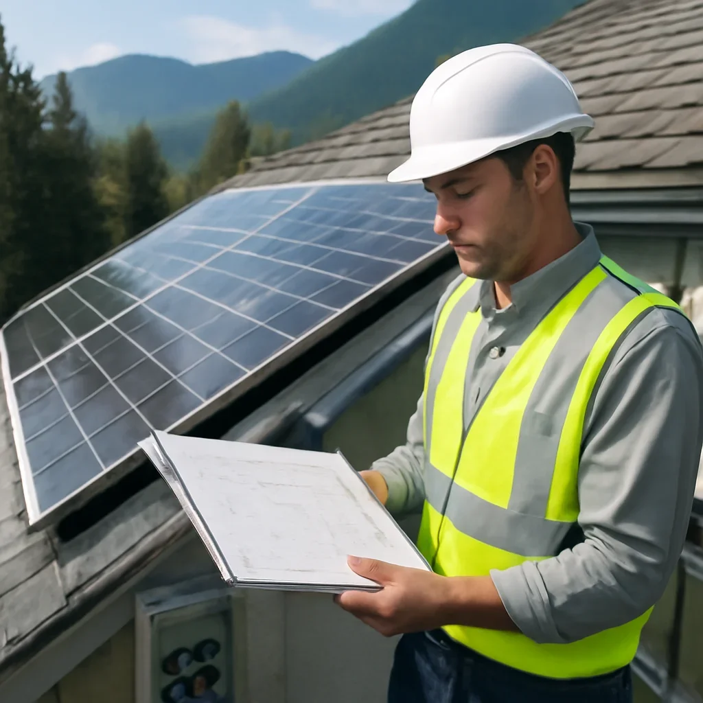 Installer reviewing electrical and roof details for a BC solar system