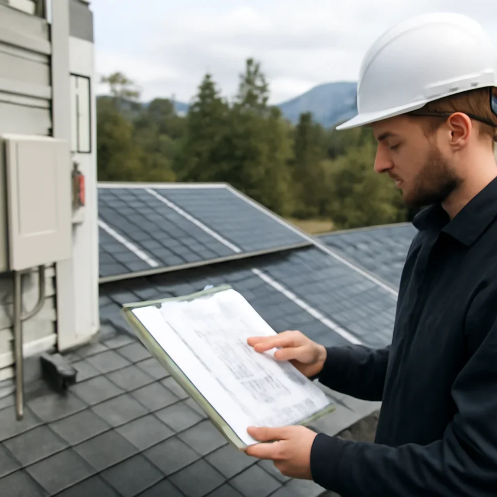 Installer reviewing electrical and roof details for a BC solar system