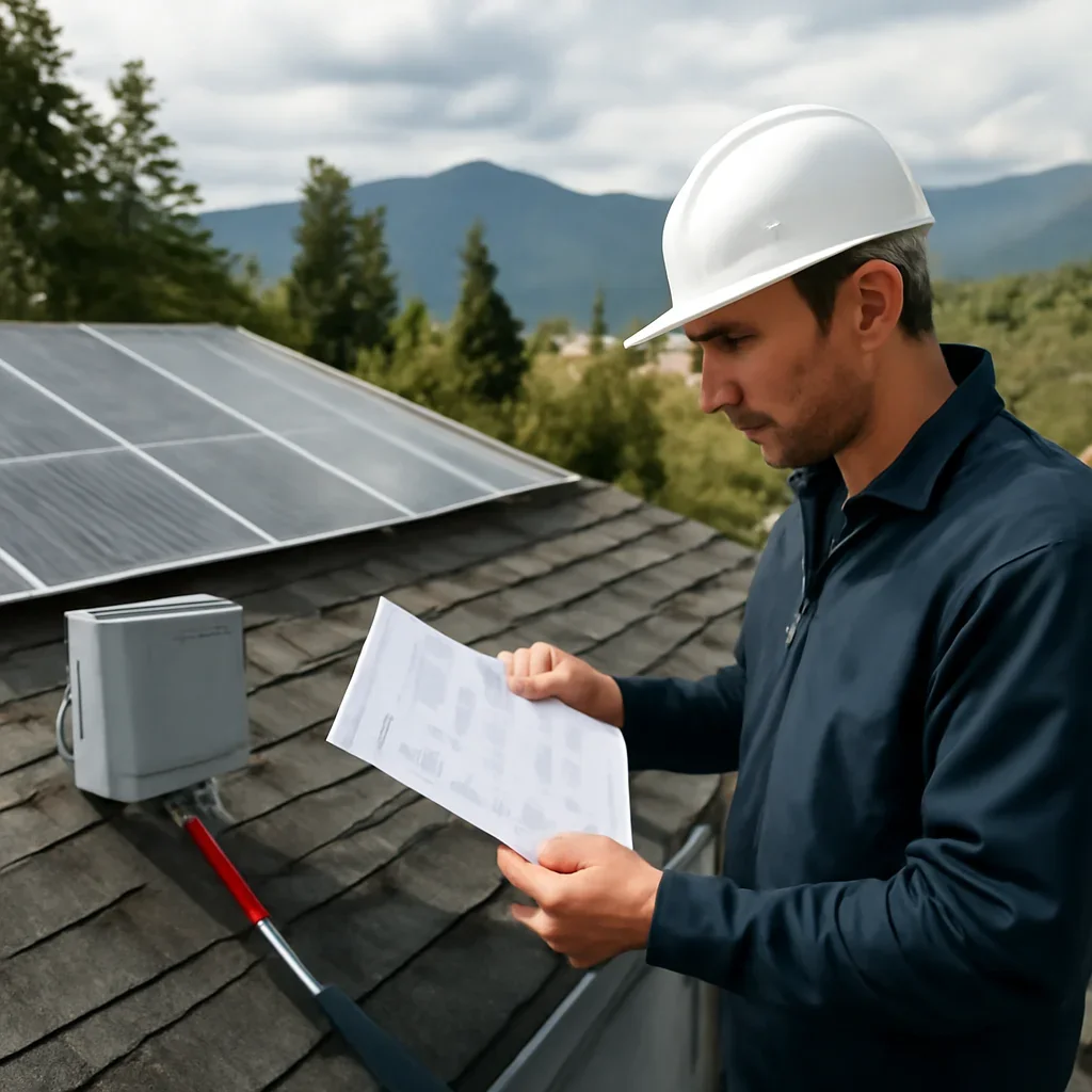 Installer reviewing electrical and roof details for a BC solar system
