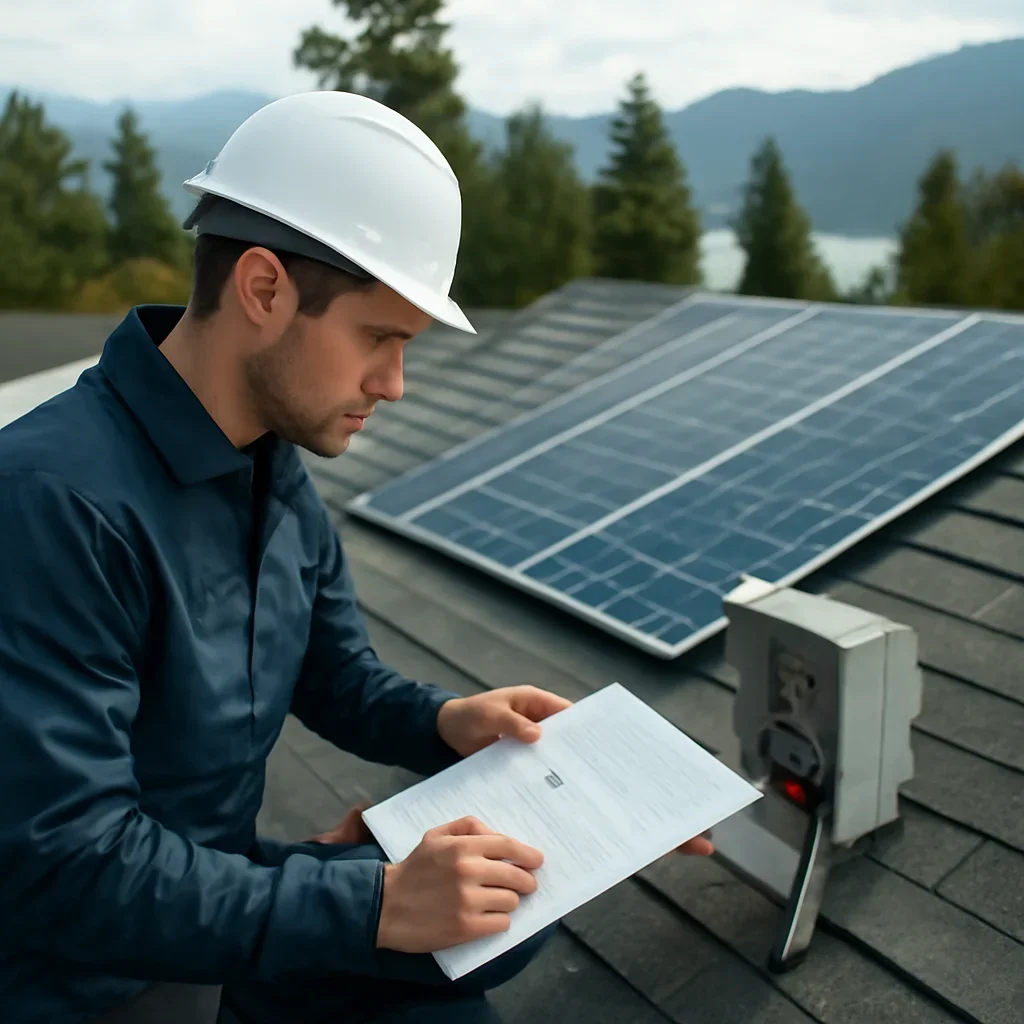 Installer reviewing electrical and roof details for a BC solar system