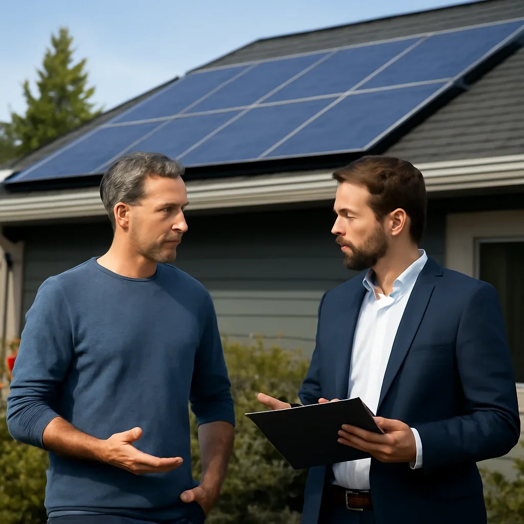 Homeowner and solar advisor discussing next steps for a solar installation