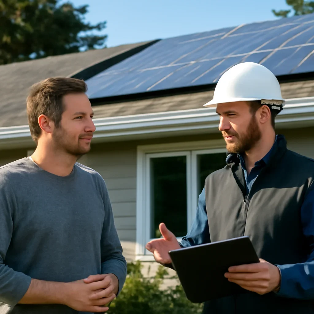 Homeowner and solar advisor discussing next steps for a solar installation