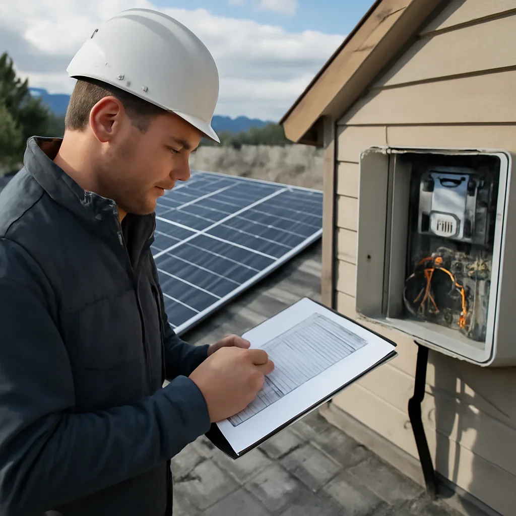 Installer reviewing electrical and roof details for a BC solar system