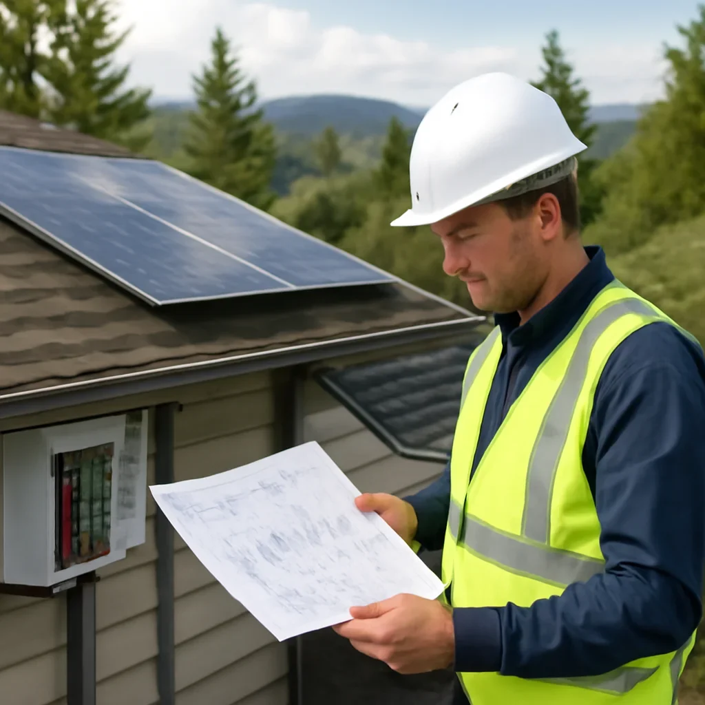 Installer reviewing electrical and roof details for a BC solar system