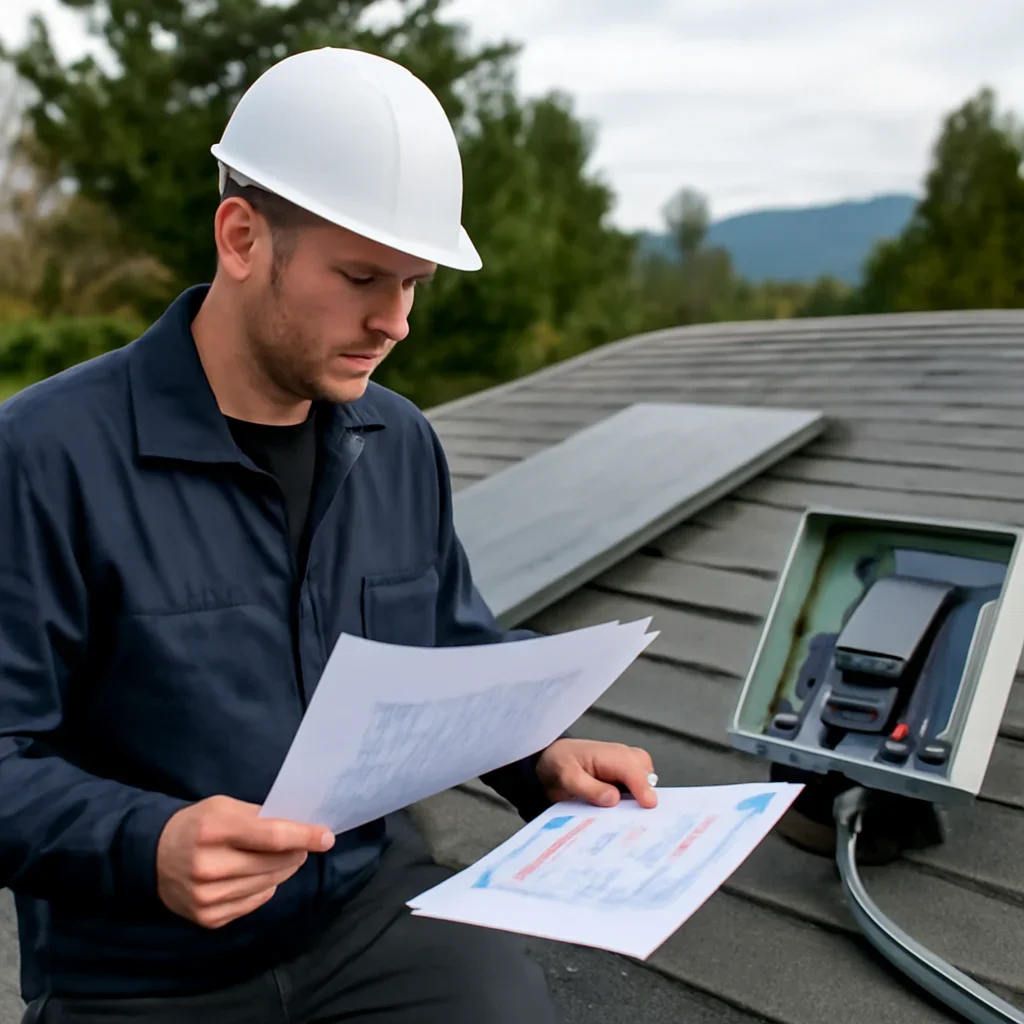 Installer reviewing electrical and roof details for a BC solar system