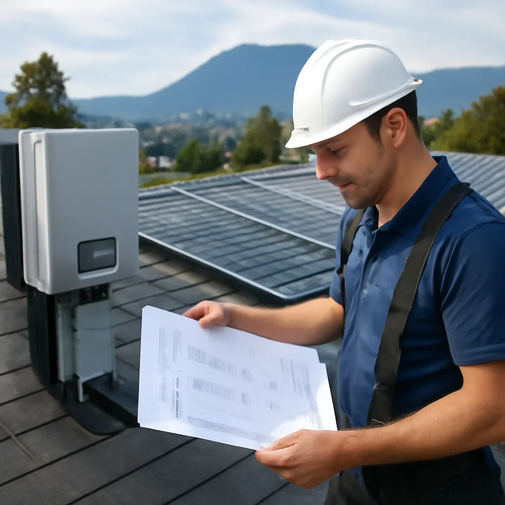 Installer reviewing electrical and roof details for a BC solar system