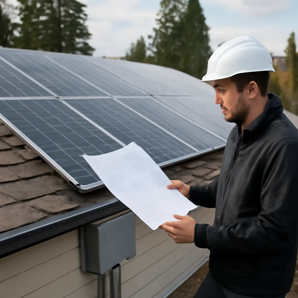 Installer reviewing electrical and roof details for a BC solar system