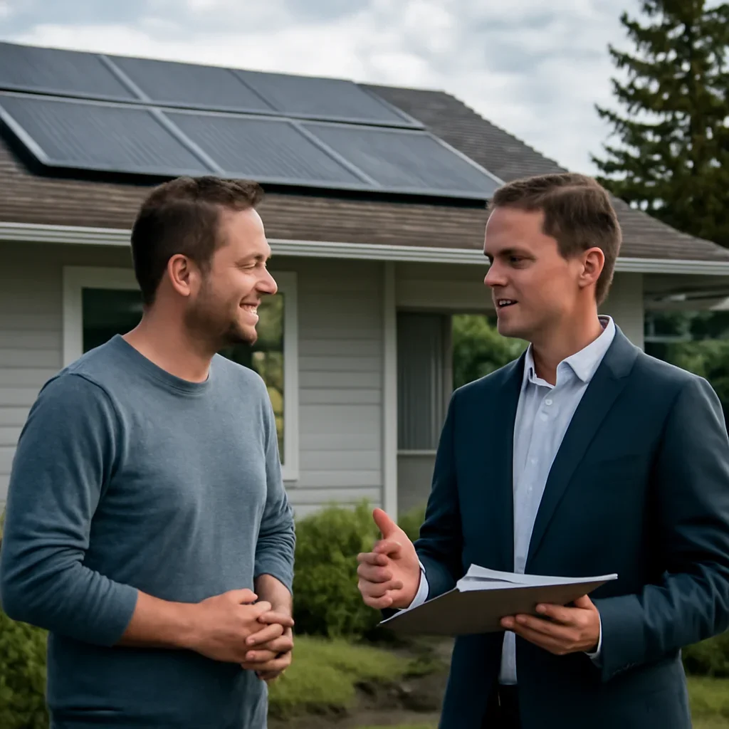 Homeowner and solar advisor discussing next steps for a solar installation