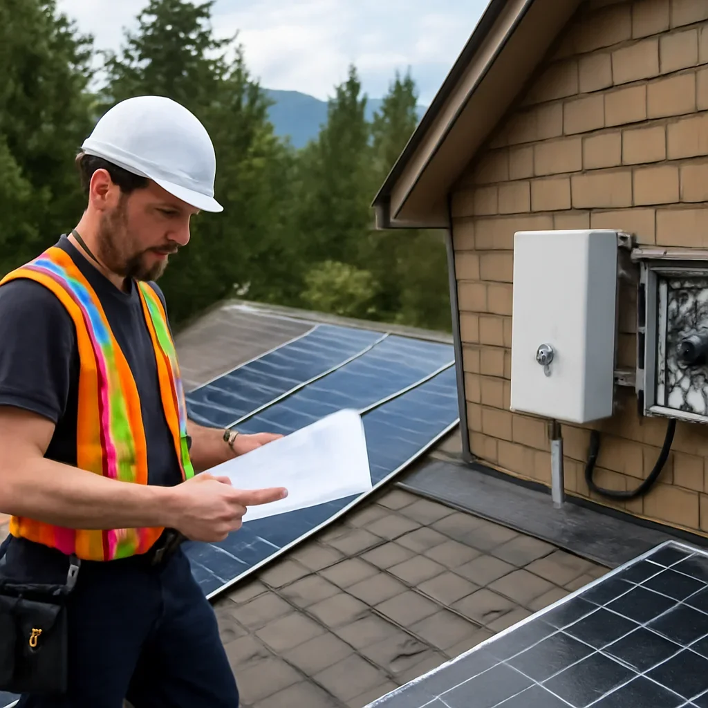 Installer reviewing electrical and roof details for a BC solar system