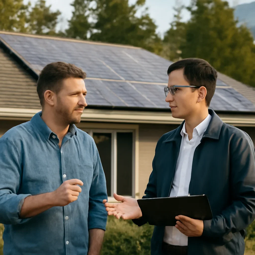 Homeowner and solar advisor discussing next steps for a solar installation