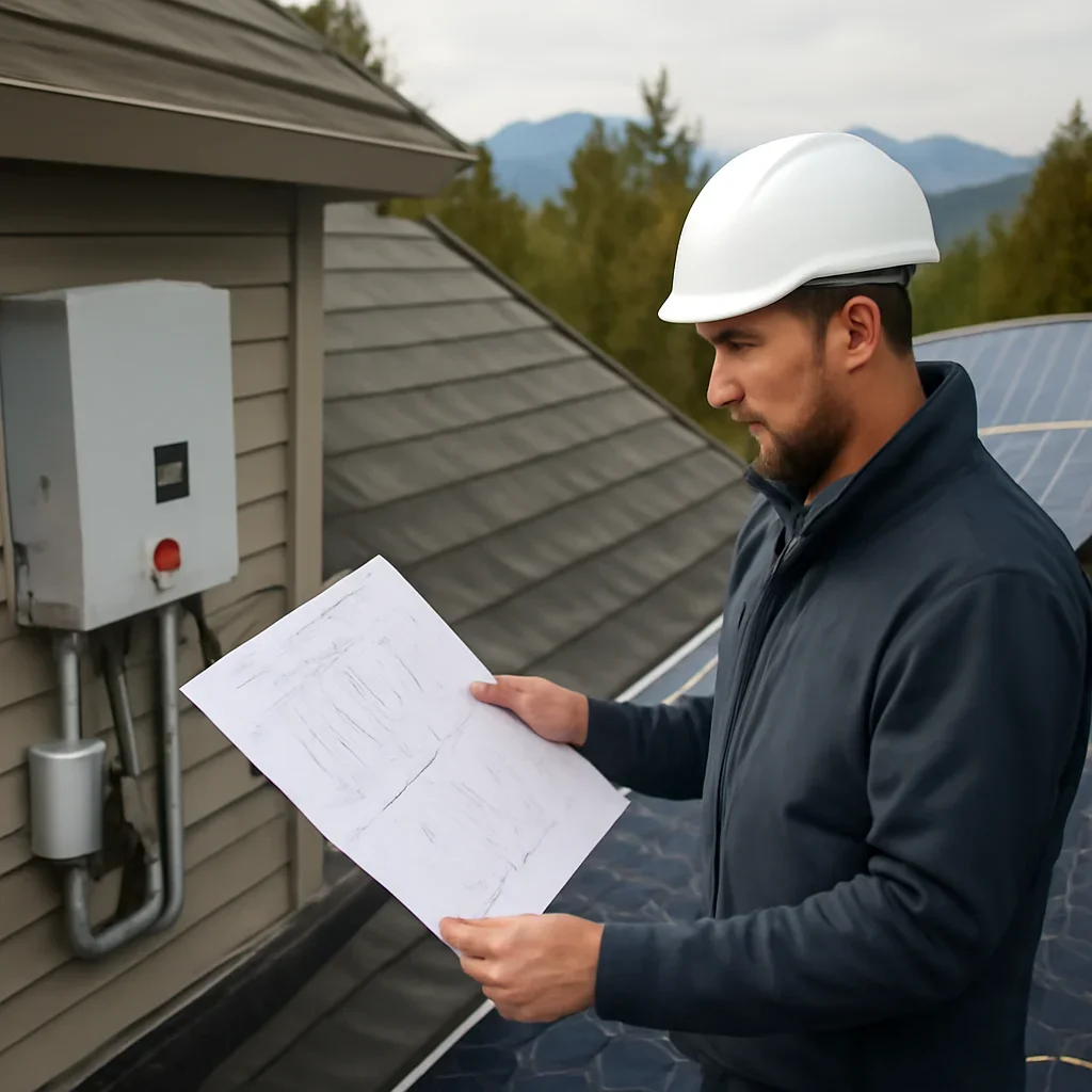 Installer reviewing electrical and roof details for a BC solar system