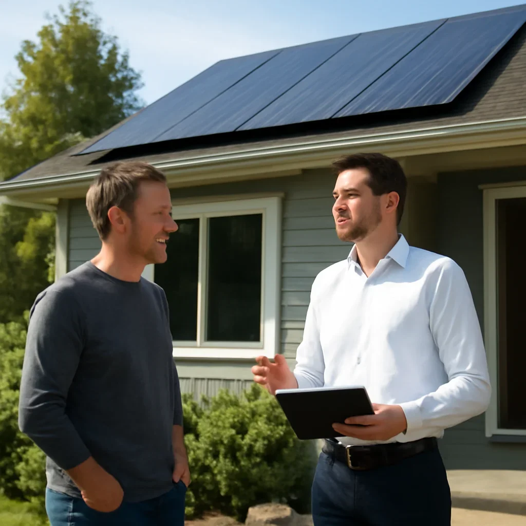 Homeowner and solar advisor discussing next steps for a solar installation
