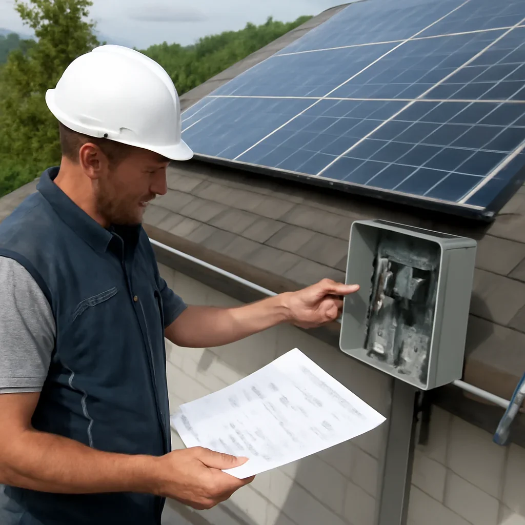 Installer reviewing electrical and roof details for a BC solar system