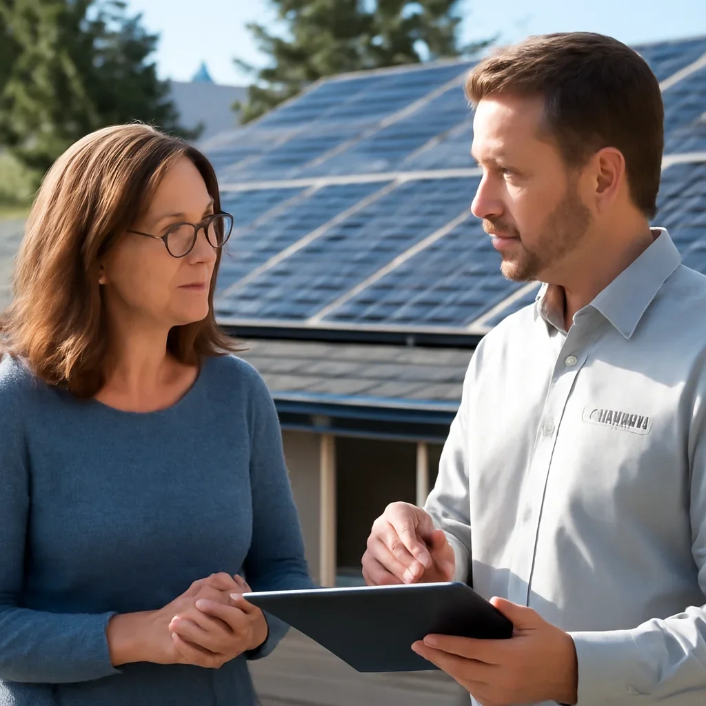 Homeowner and solar advisor discussing next steps for a solar installation
