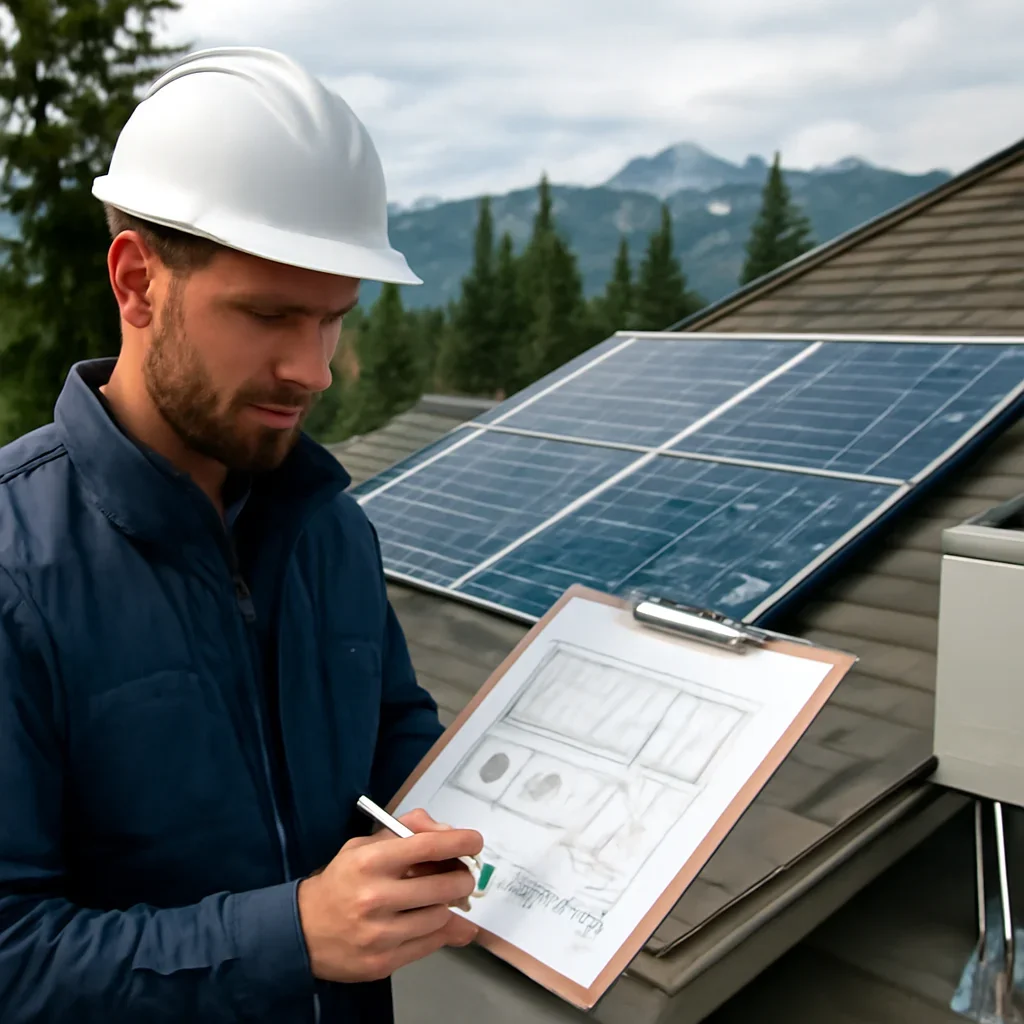 Installer reviewing electrical and roof details for a BC solar system