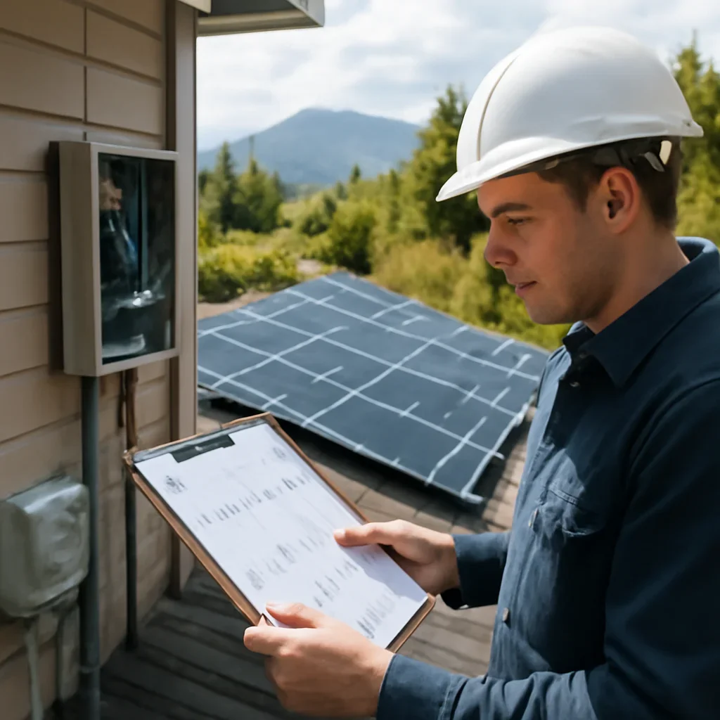 Installer reviewing electrical and roof details for a BC solar system