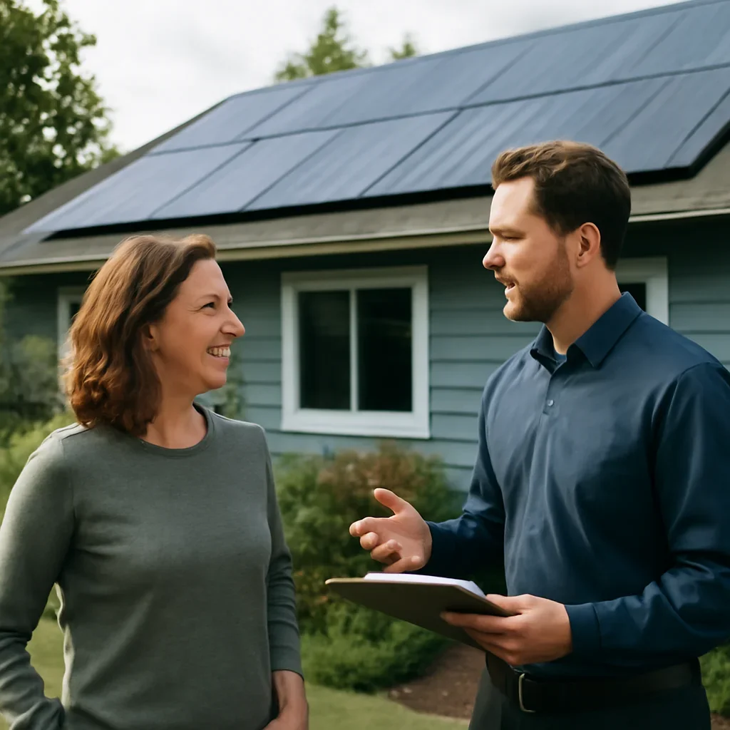 Homeowner and solar advisor discussing next steps for a solar installation