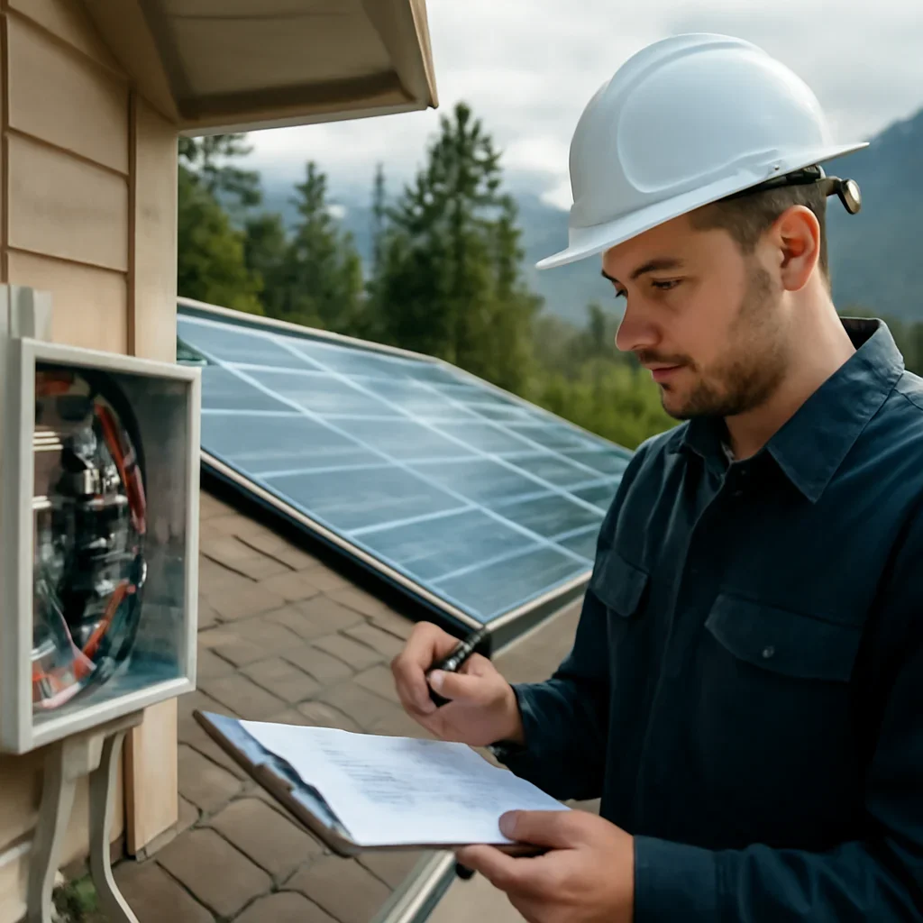 Installer reviewing electrical and roof details for a BC solar system