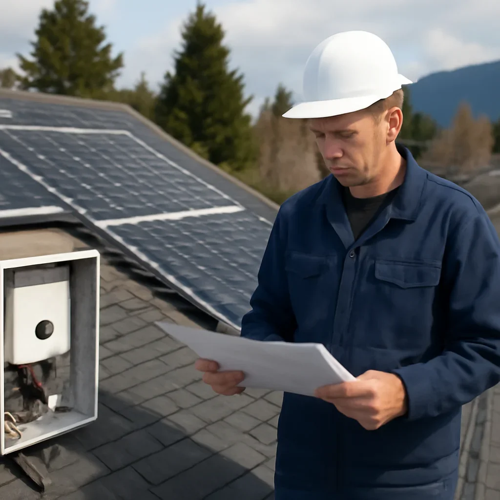 Installer reviewing electrical and roof details for a BC solar system