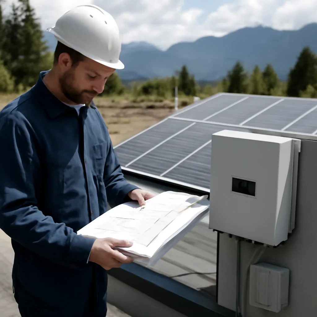 Installer reviewing electrical and roof details for a BC solar system