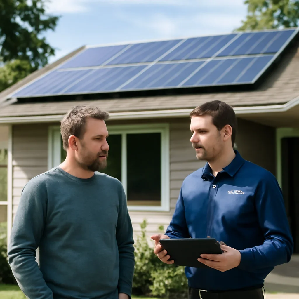 Homeowner and solar advisor discussing next steps for a solar installation