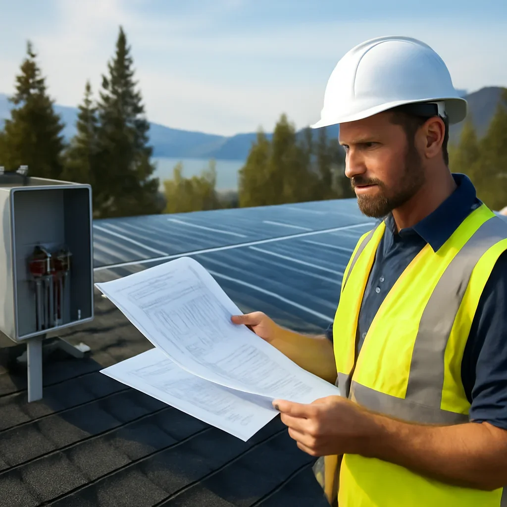 Installer reviewing electrical and roof details for a BC solar system