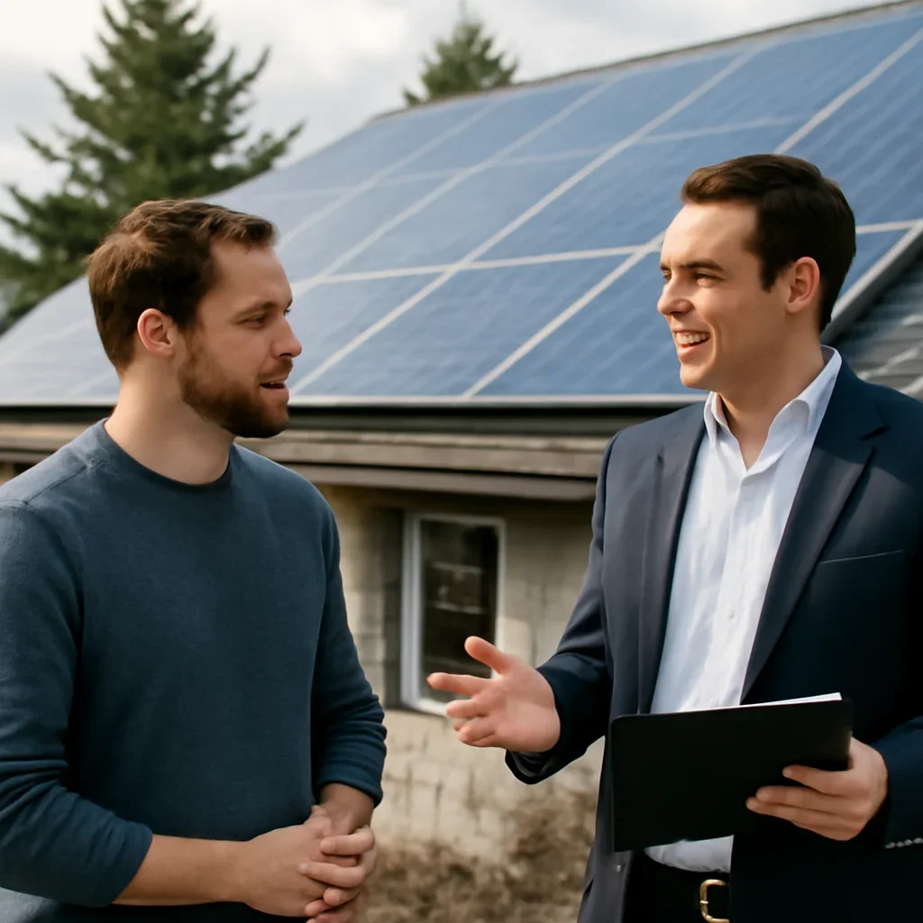 Homeowner and solar advisor discussing next steps for a solar installation