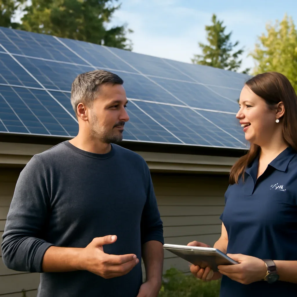 Homeowner and solar advisor discussing next steps for a solar installation