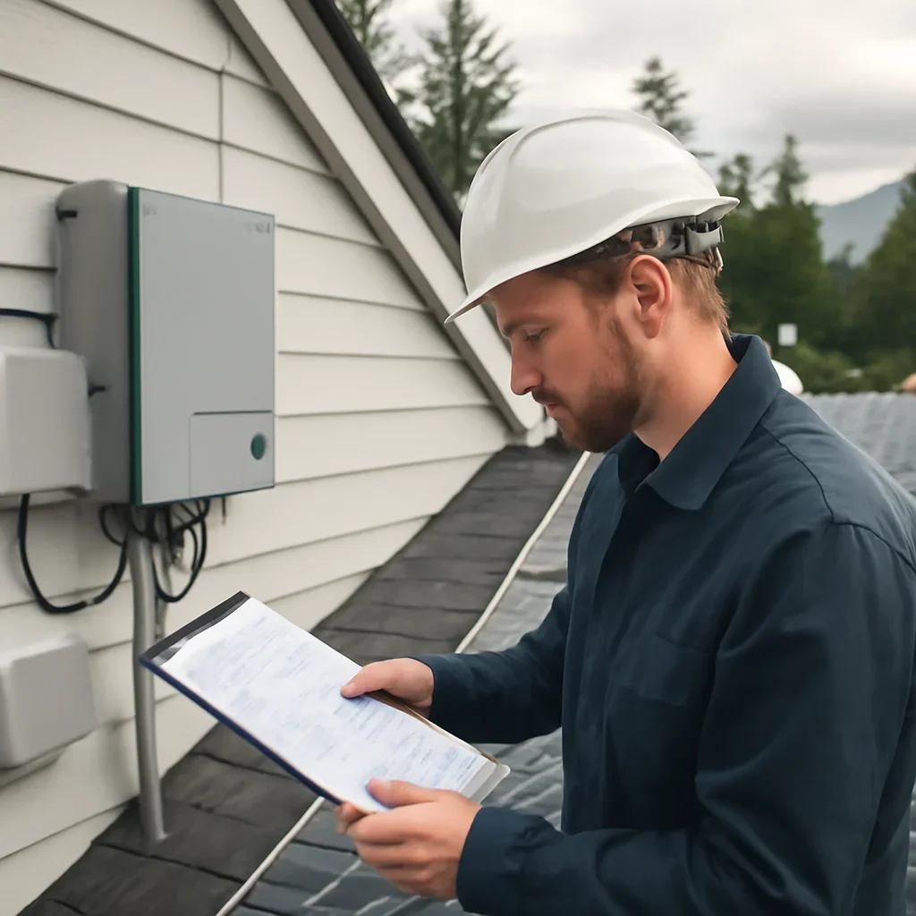 Installer reviewing electrical and roof details for a BC solar system