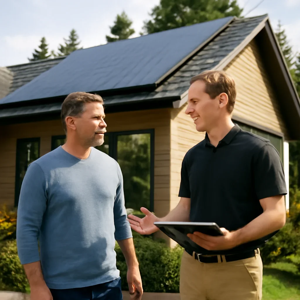 Homeowner and solar advisor discussing next steps for a solar installation