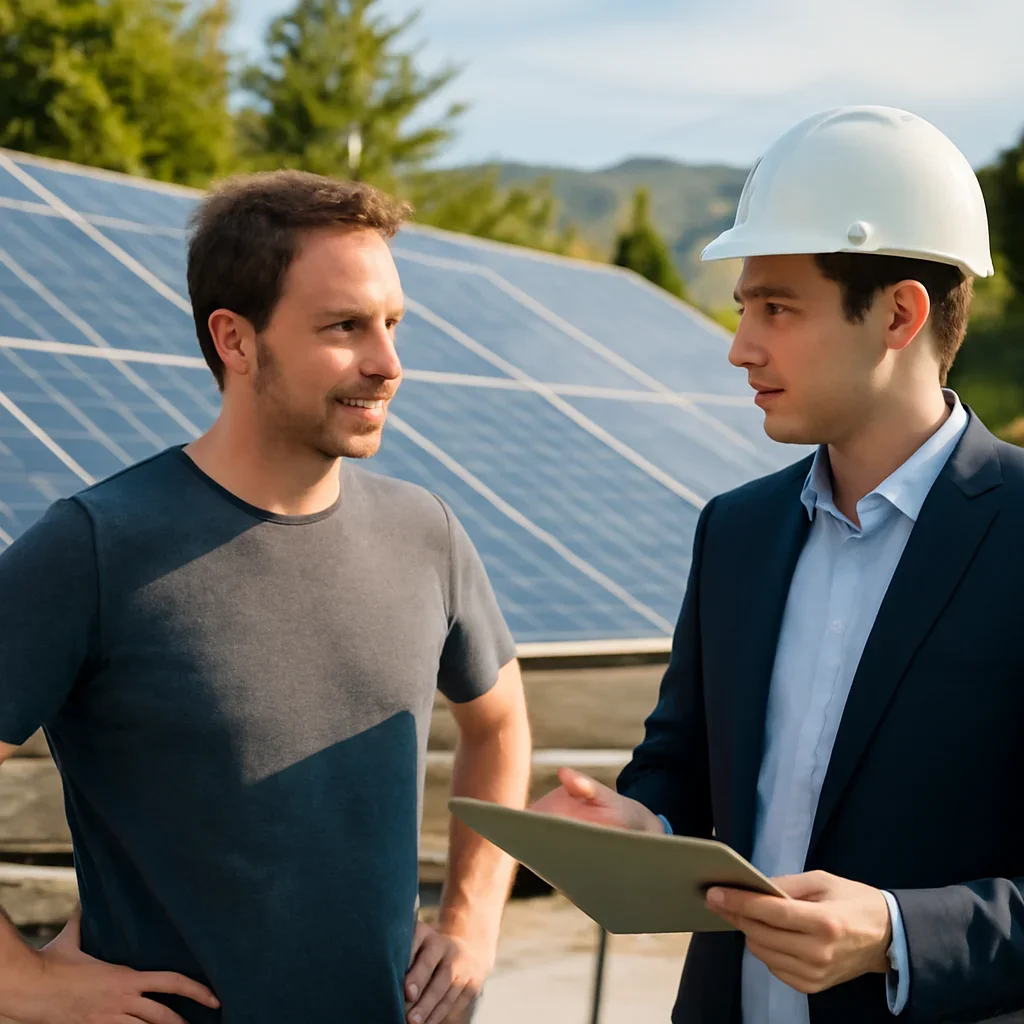 Homeowner and solar advisor discussing next steps for a solar installation