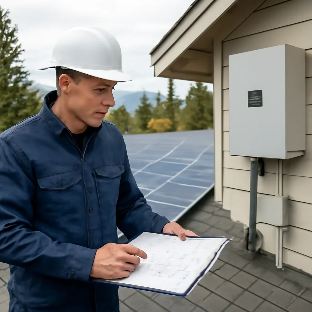 Installer reviewing electrical and roof details for a BC solar system