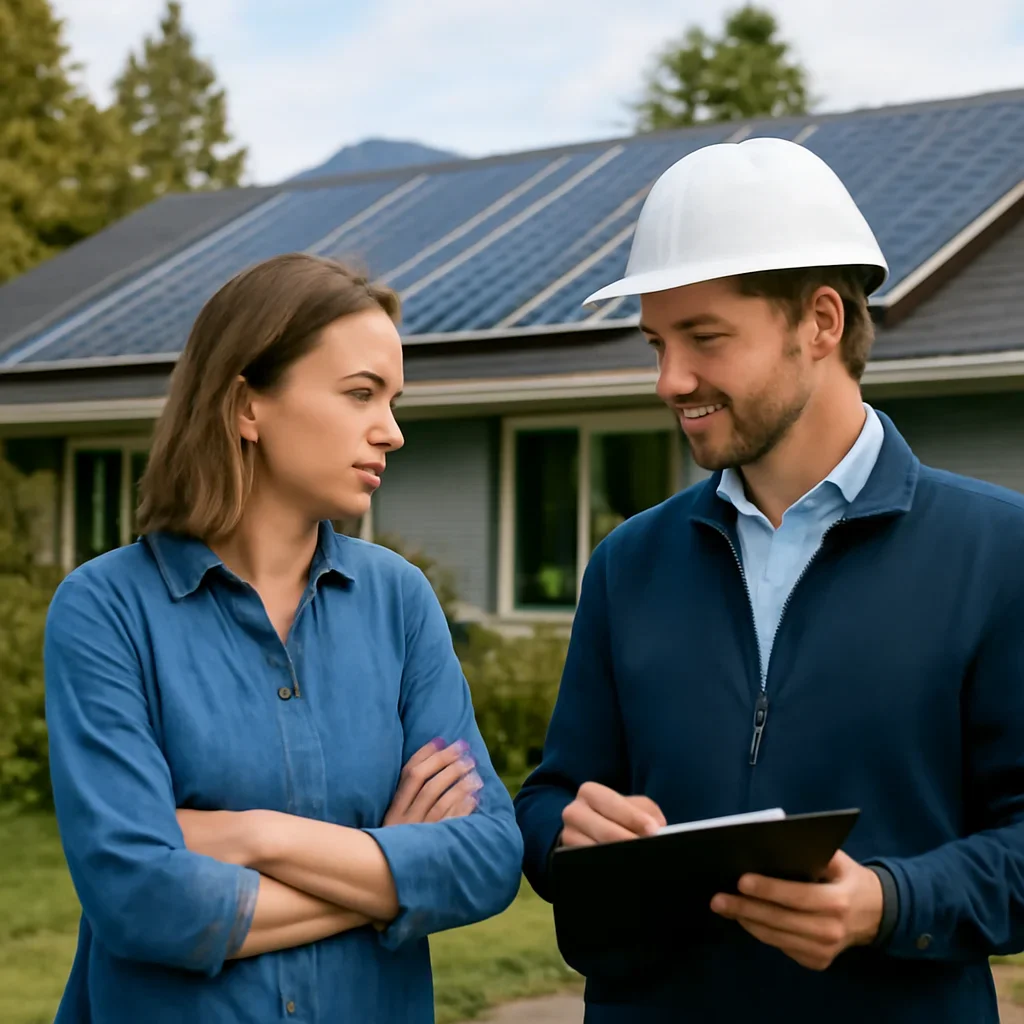 Homeowner and solar advisor discussing next steps for a solar installation