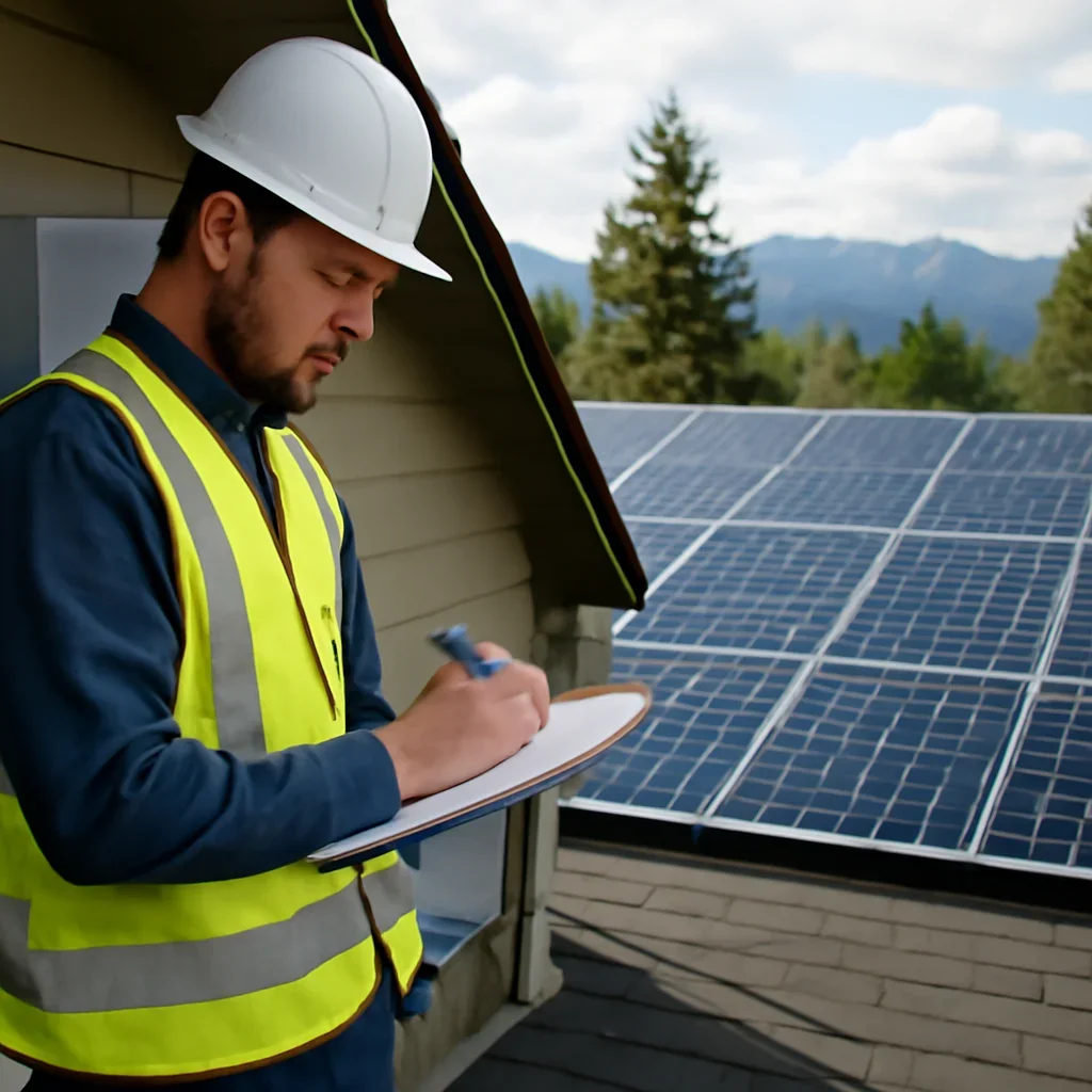 Installer reviewing electrical and roof details for a BC solar system