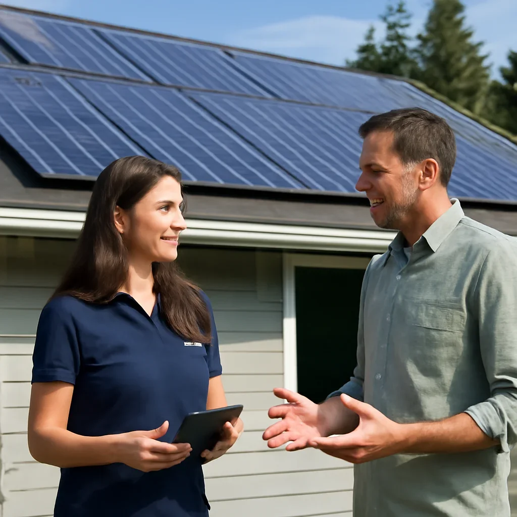 Homeowner and solar advisor discussing next steps for a solar installation