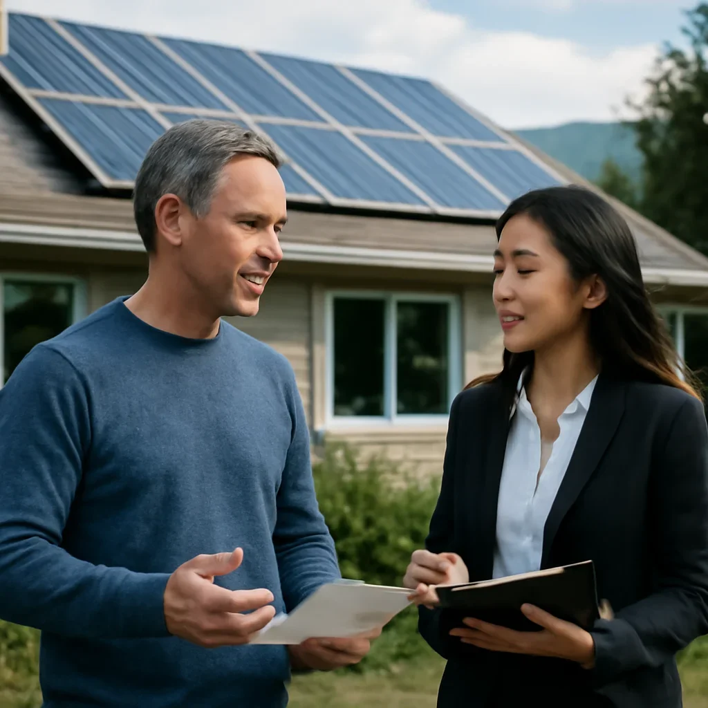Homeowner and solar advisor discussing next steps for a solar installation