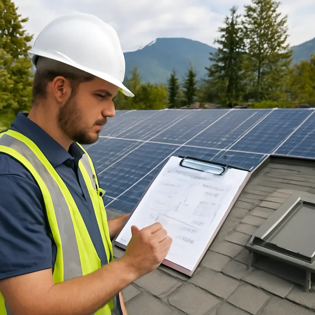 Installer reviewing electrical and roof details for a BC solar system
