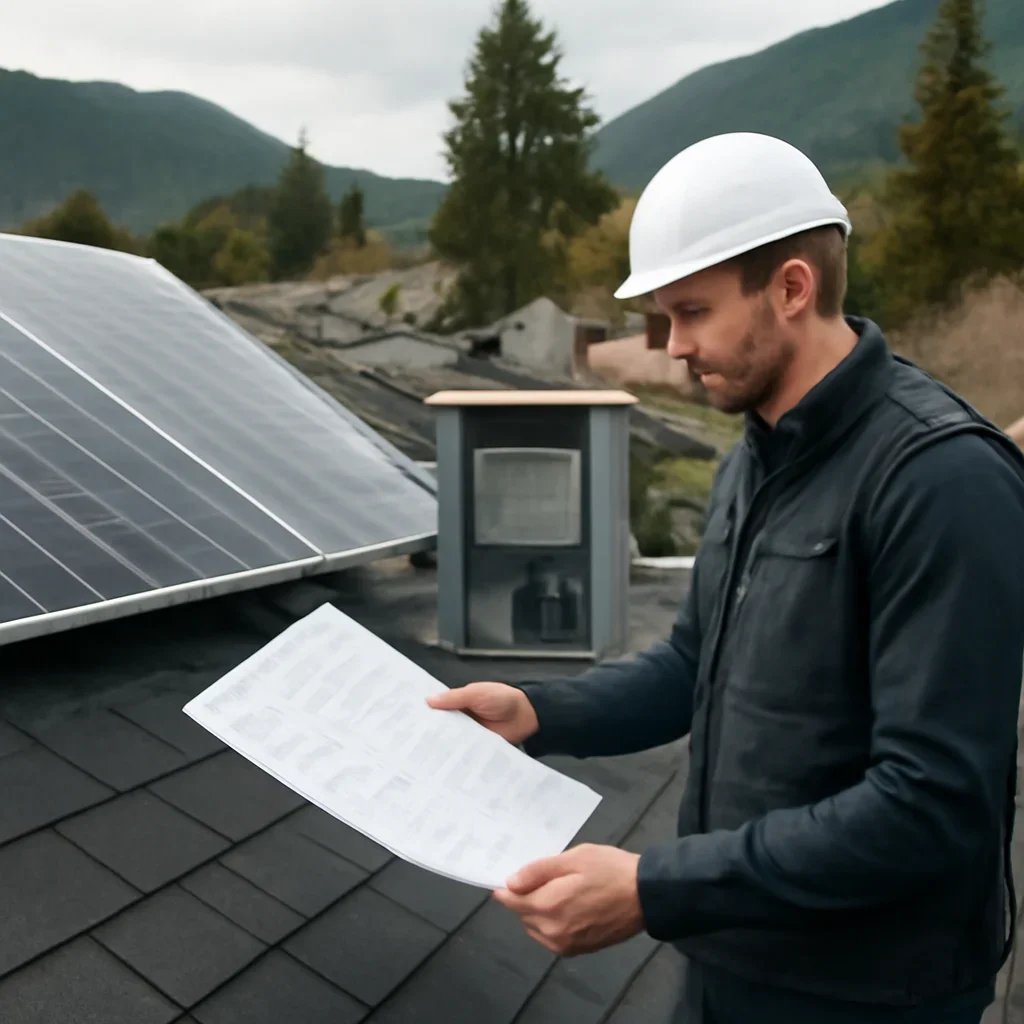 Installer reviewing electrical and roof details for a BC solar system