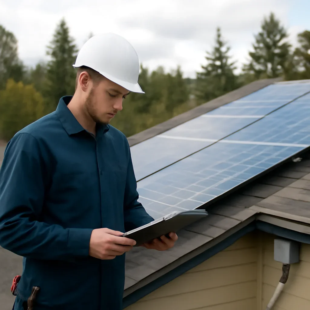 Installer reviewing electrical and roof details for a BC solar system