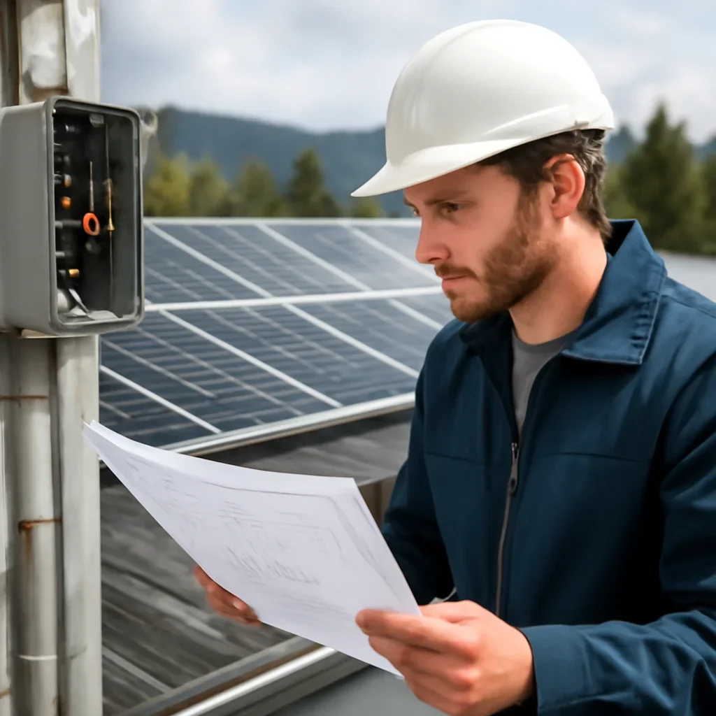 Installer reviewing electrical and roof details for a BC solar system